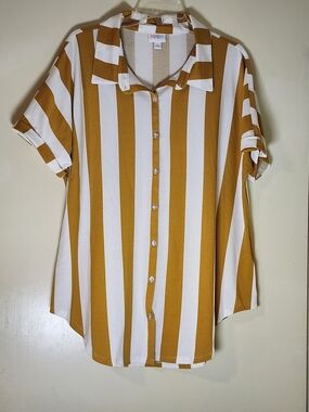 LuLaRoe Mustard & White Vertical Stripe Button-Front Top